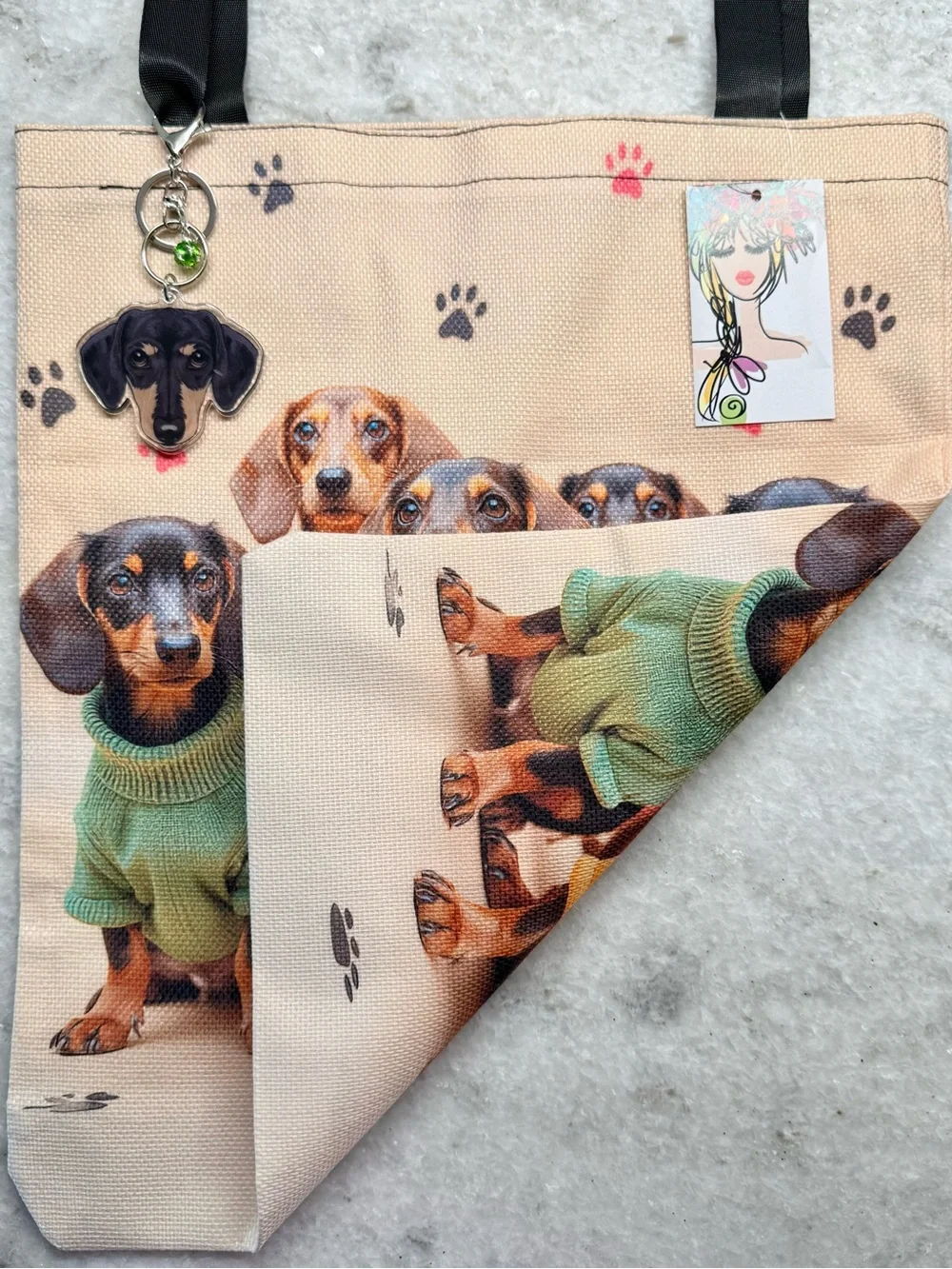 New Dachshund Dogs in Colorful Sweaters Shopping Bag Purse Tote w/ Charm - 16”